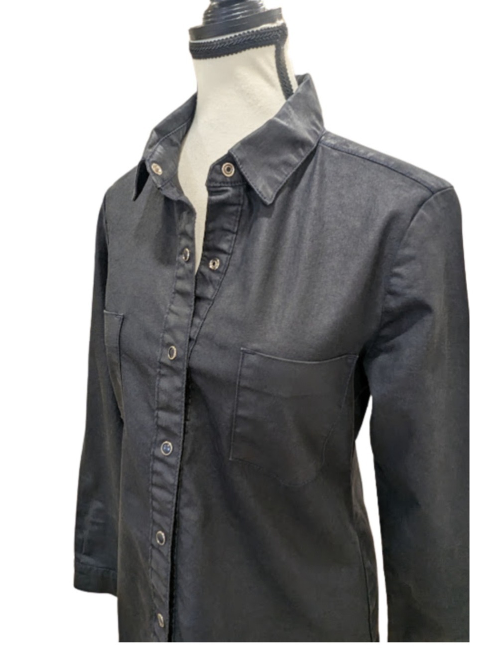 Sacada Fitted Button Up Shirt Dark Navy Tailored Stretch Blouse Size 38 US-S